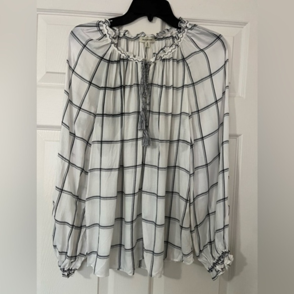 Max Studio long sleeve windowpane plaid tassel tie blouse NWT